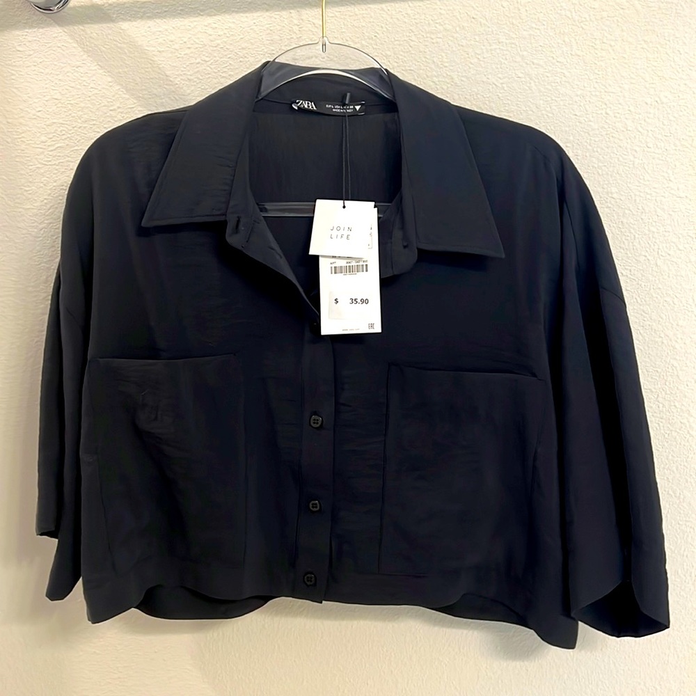 ZARA Black Collared Crop Top